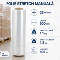 Folie stretch manuala, 23 microni, latime 500 mm, greutate neta 1.1 kg, greutate bruta 1.3 kg, lungime 105 ml