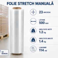 Folie stretch manuala, 23 microni, latime 500 mm, greutate neta 1.2 kg, greutate bruta 1.4 kg, lungime 114 ml