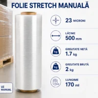 Folie stretch manuala, 23 microni, latime 500 mm, greutate neta 1.7 kg, greutate bruta 2 kg, lungime 170 m