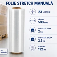 Folie stretch manuala, 23 microni, latime 500 mm, greutate neta 2 kg, greutate bruta 2.3 kg, lungime 192 ml