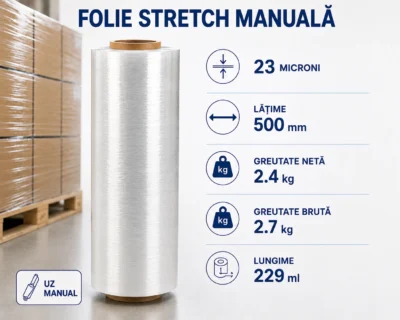 6 Folie stretch manuala, 23 microni, latime 500 mm, greutate neta 2.4 kg, greutate bruta 2.7 kg, lungime 229 ml
